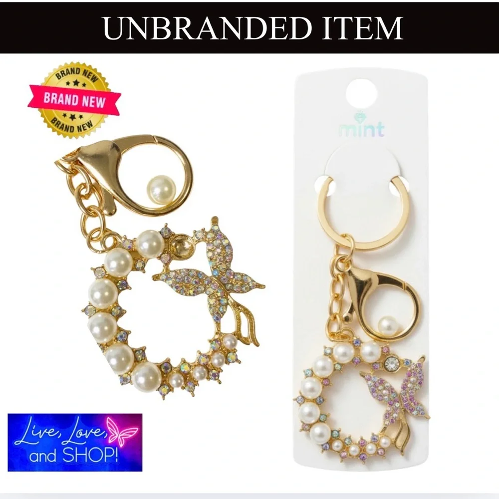 Faux Pearl & Rhinestone Butterfly Keychain, NIP